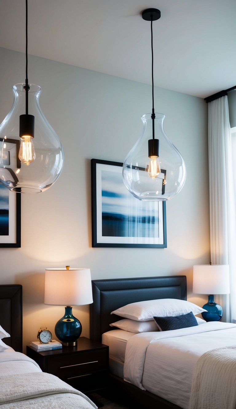 Two glass pendant lights hang above two nightstands in a modern master bedroom