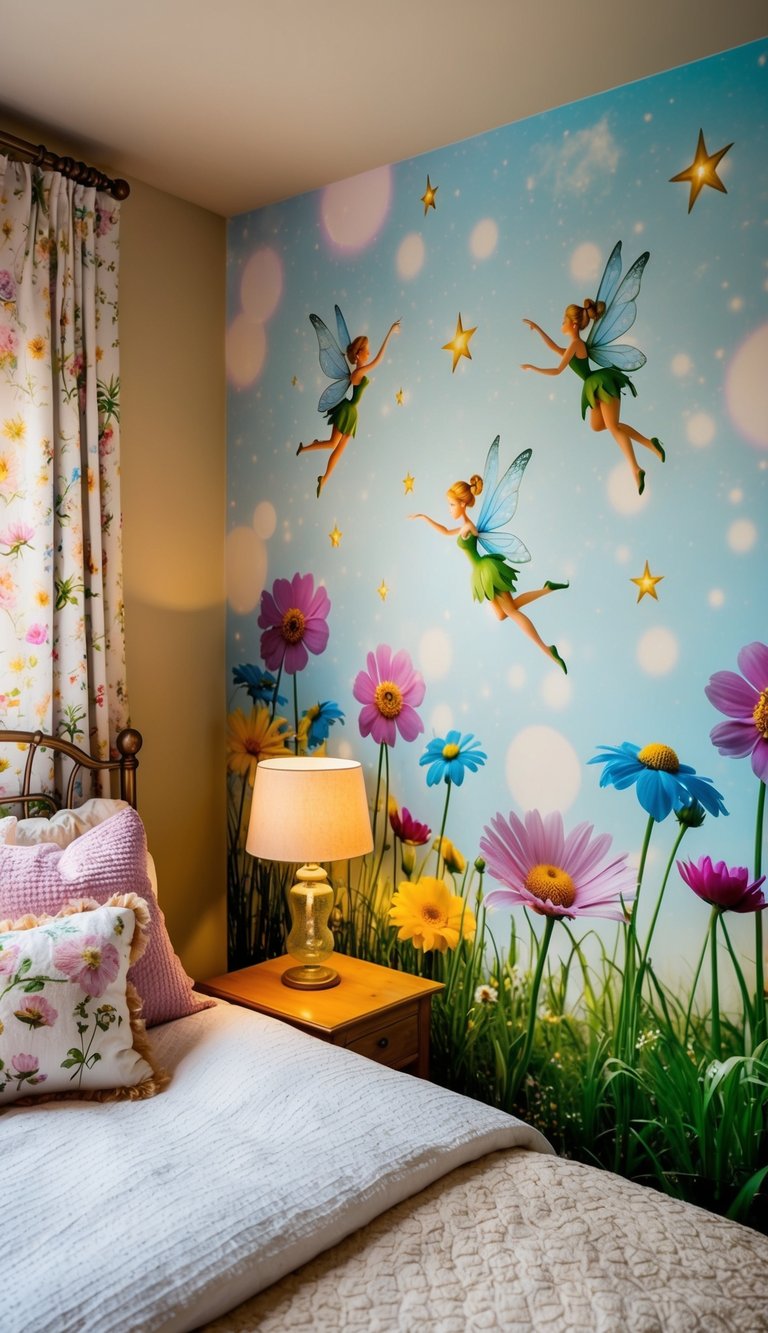 A magical forest with fairies, flowers, and butterflies, surrounded by twinkling stars and a glowing moon