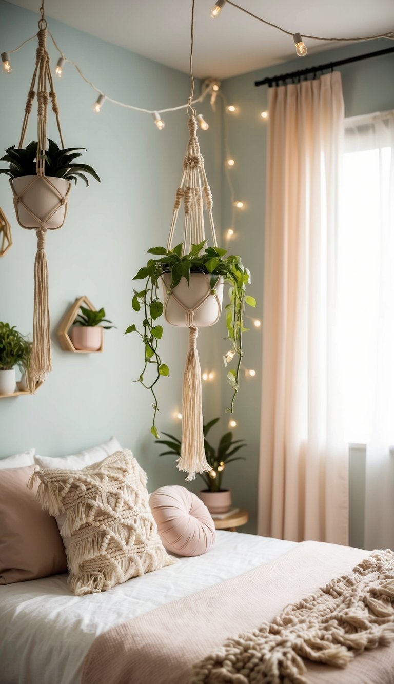 Macrame plant holders hang in a whimsical bedroom adorned with fairy lights and dreamy decor