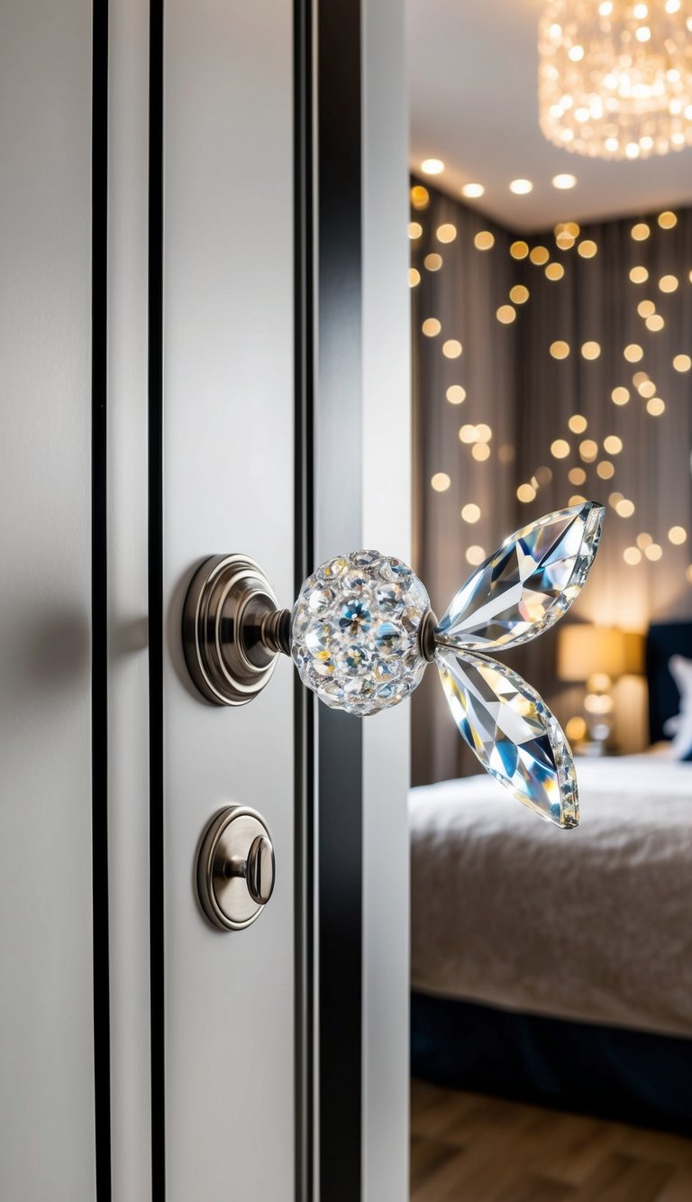 Glowing crystal fairy door knobs adorn a whimsical bedroom filled with enchanting fairy-themed decor ideas