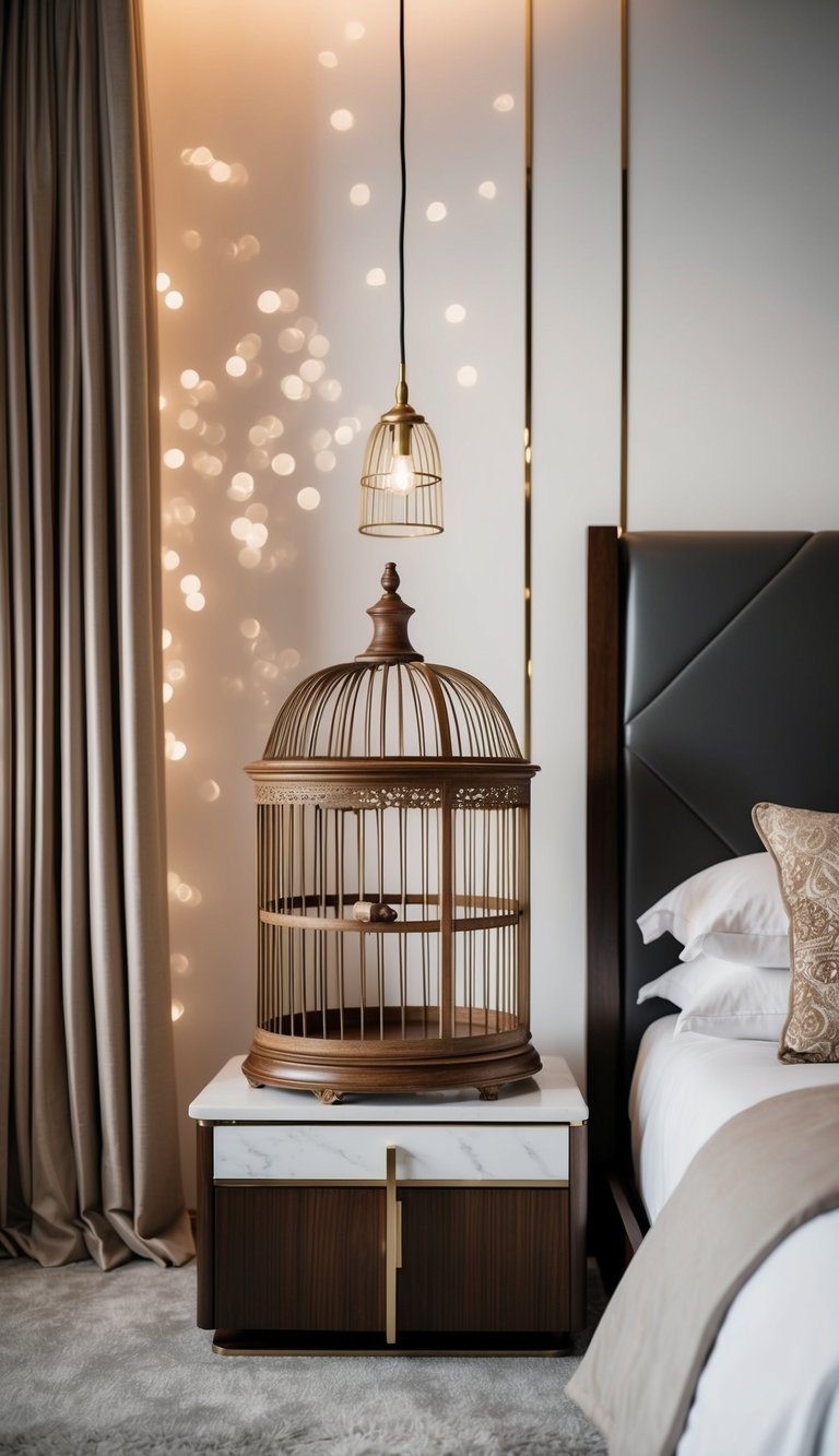 A vintage wooden birdcage hangs from the ceiling in a whimsical fairy bedroom, surrounded by twinkling lights and delicate floral decor