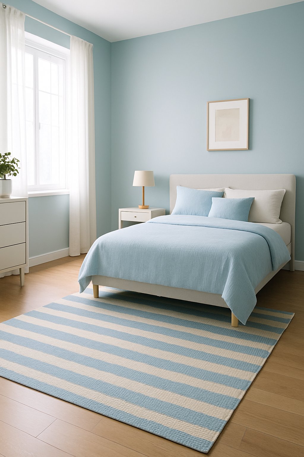A light blue and beige striped rug in a serene light blue themed bedroom