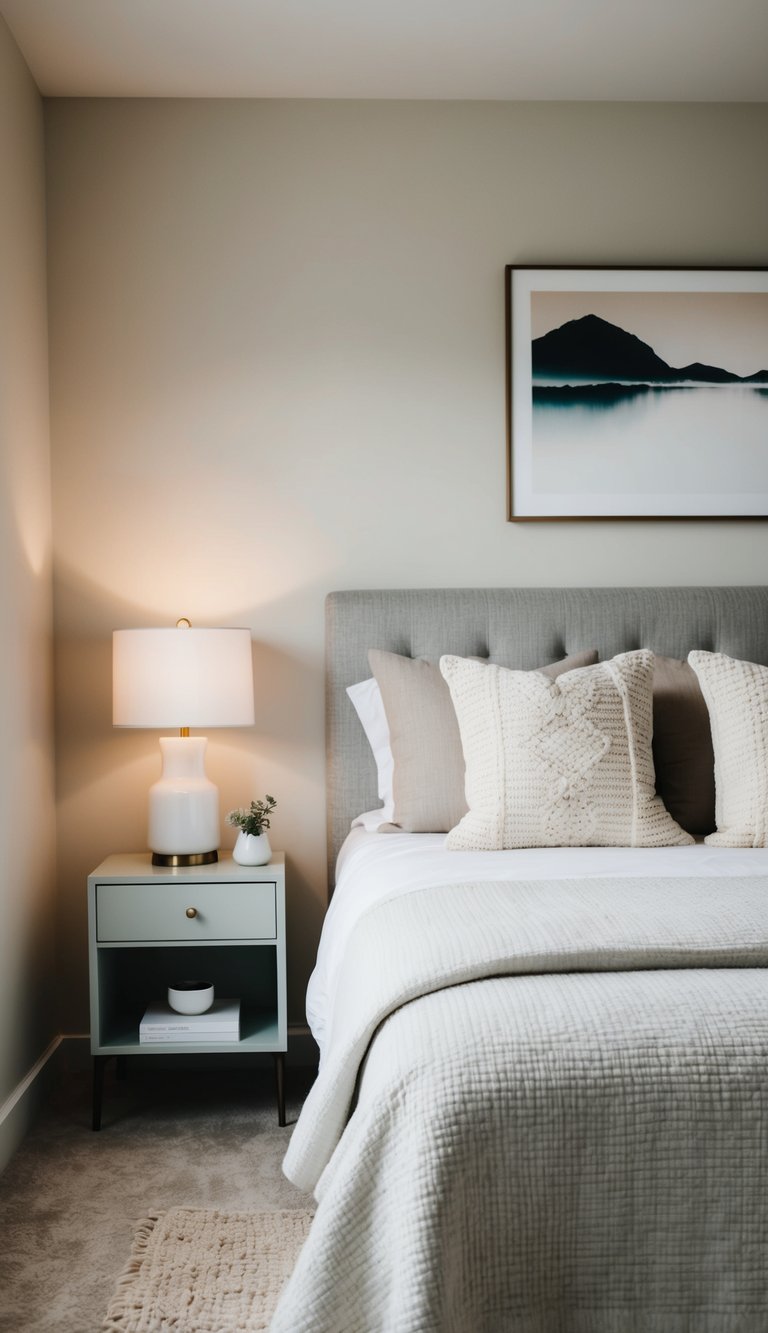 A cozy guest bedroom with a neutral color palette, a comfortable bed, bedside table, soft lighting, and minimal decor