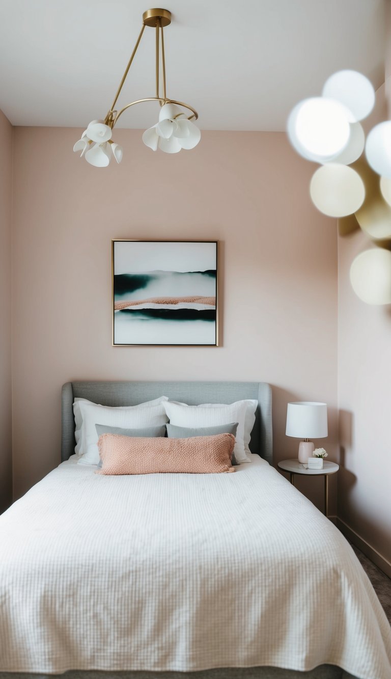 A serene guest bedroom with soft pastel walls and minimal decor