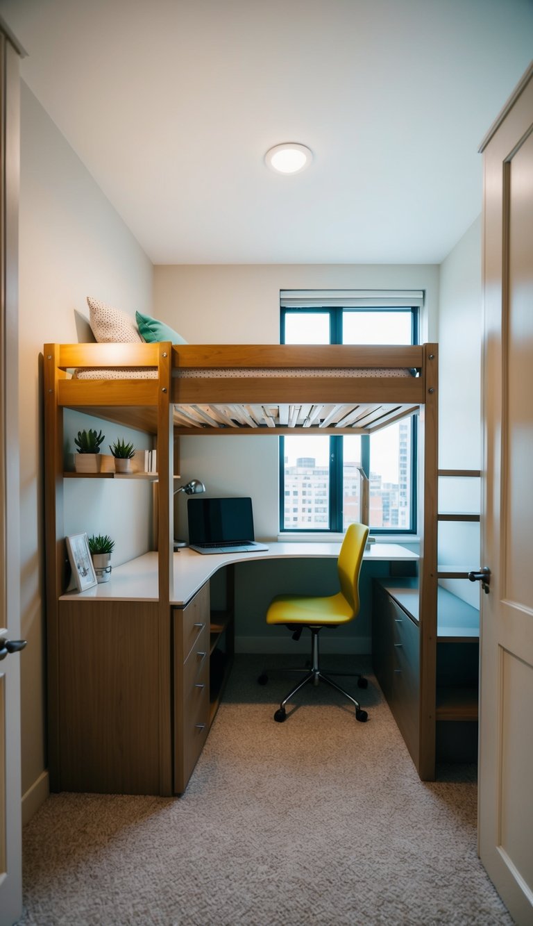 A loft bed with a compact desk and storage underneath, surrounded by cleverly arranged furniture to maximize floor space in a very small bedroom