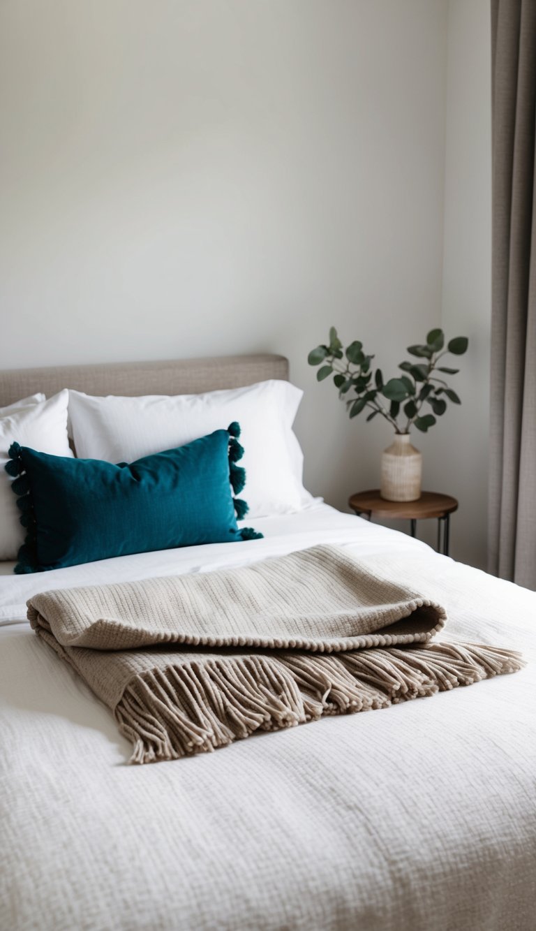 A cozy throw blanket draped over a neatly made bed in a simple, inviting guest bedroom