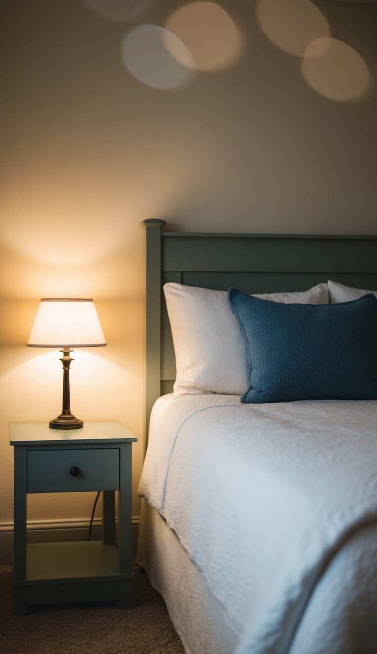 A cozy guest bedroom with a small reading lamp on a nightstand, casting a warm glow over a neatly made bed and simple decor