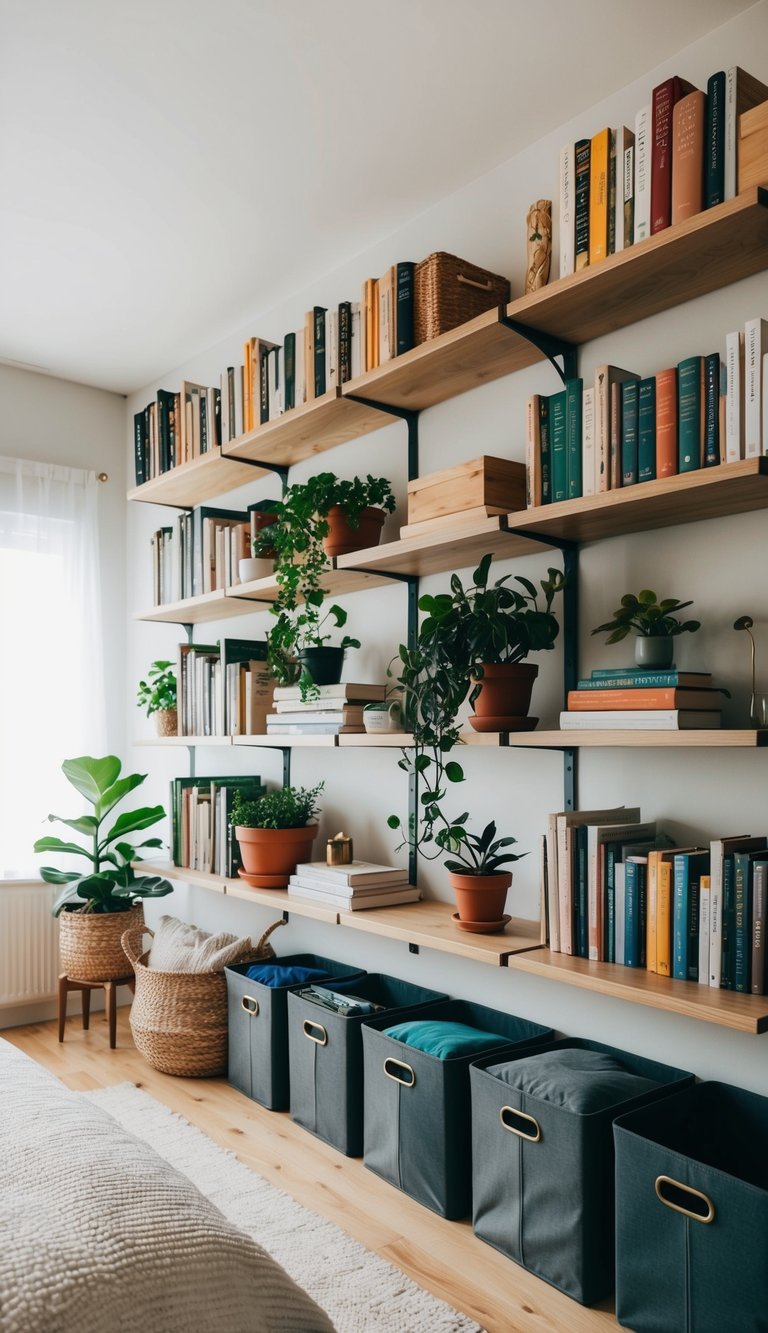 Wall-mounted shelves filled with books, plants, and storage bins in a cozy, clutter-free bedroom with clever storage solutions