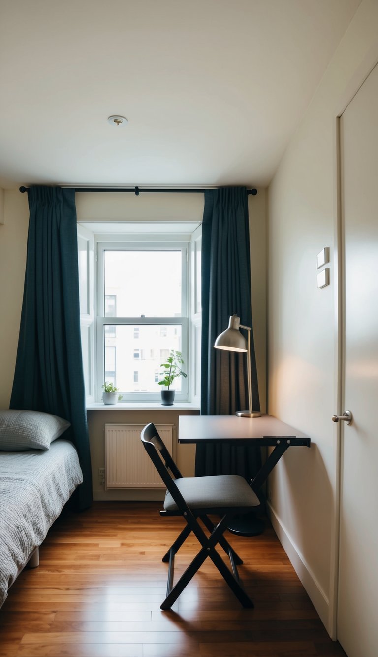 A small bedroom with a fold-down desk, maximizing space