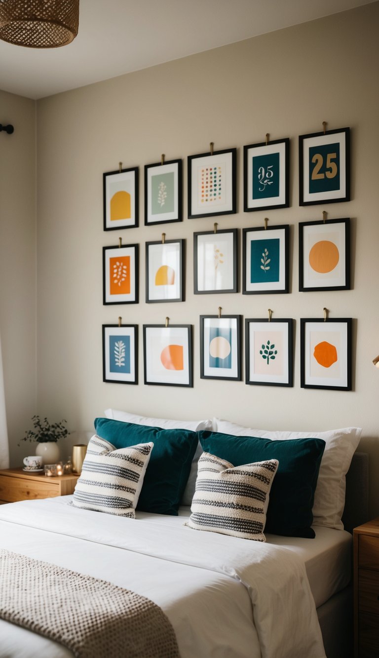 A cozy guest bedroom with 25 simple artworks hung on the wall