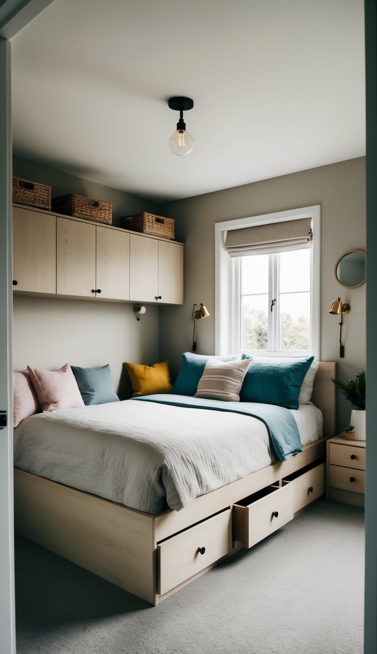 A cozy bedroom with a bed featuring built-in drawers, surrounded by small space-saving furniture and clever storage solutions