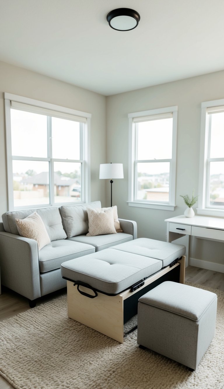 A guest bedroom with a sofa bed, fold-out desk, and storage ottoman. Bright, airy space with neutral colors and minimal decor