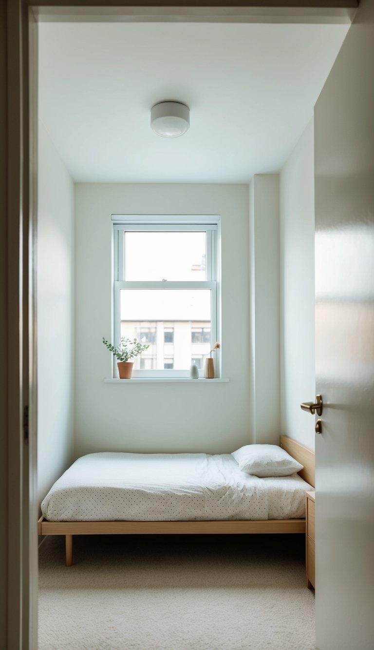 A small bedroom with light-colored walls and minimal furniture to create a sense of openness and space