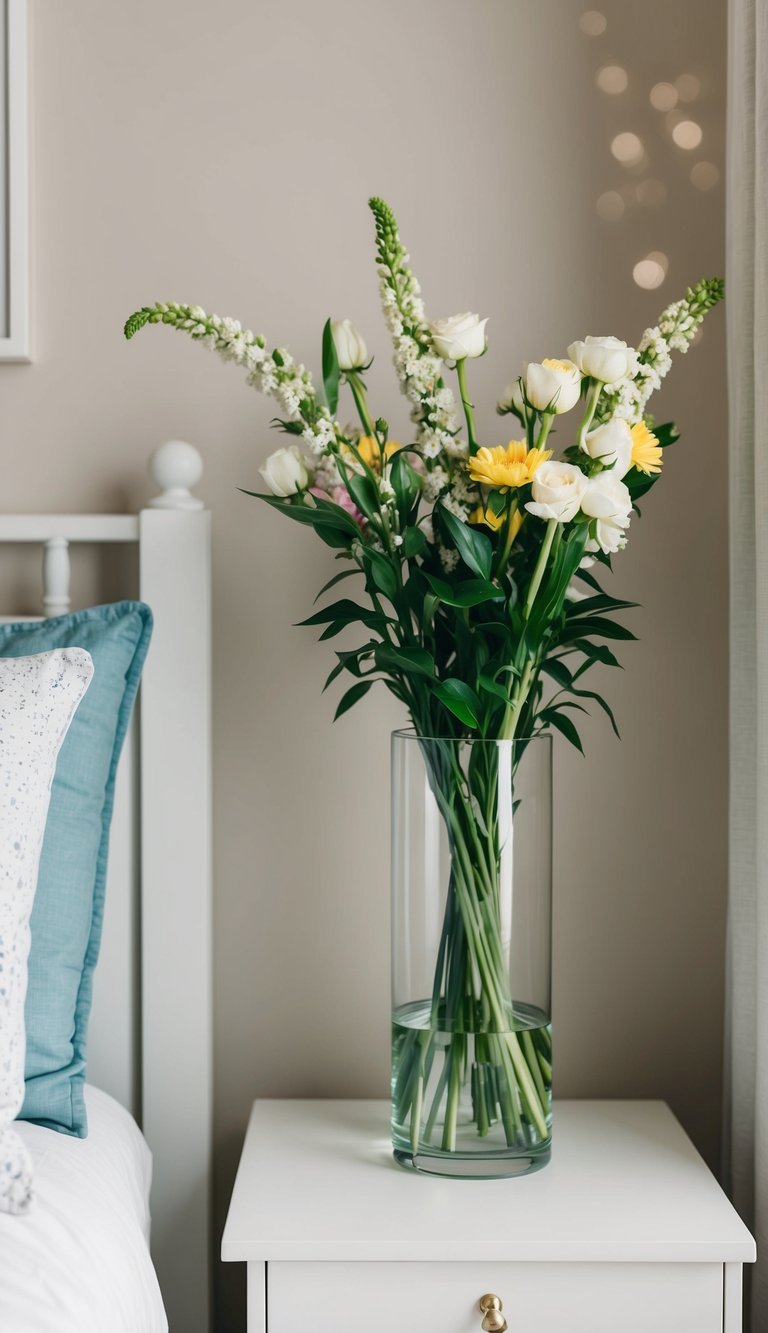 A clear glass vase holds a bouquet of fresh flowers, sitting on a simple nightstand in a cozy guest bedroom