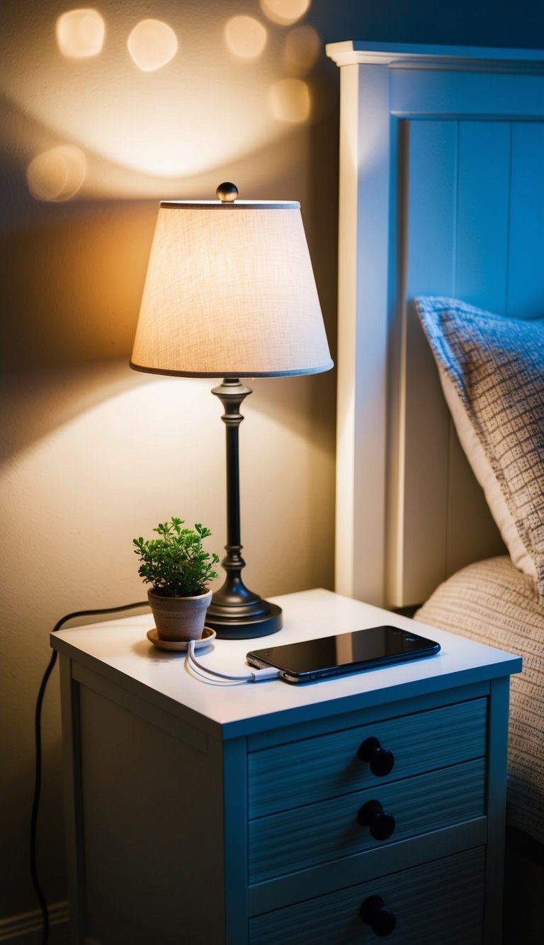 A bedside table with a charging station, a lamp, and a small potted plant