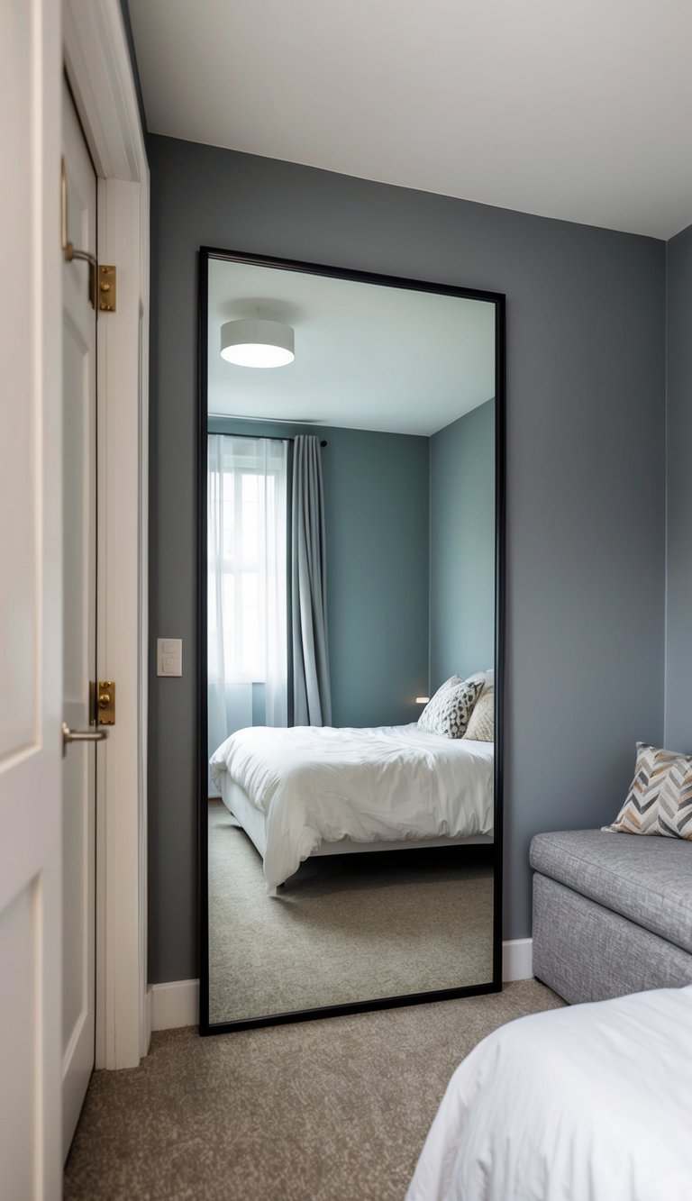 A small bedroom with a large mirror installed on one wall, creating a sense of depth and space