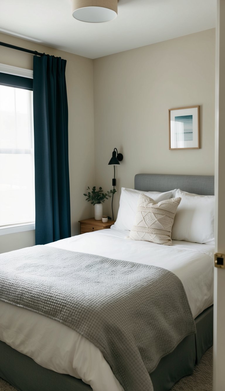 A cozy guest bedroom with blackout curtains, a comfortable bed, and simple decor for a peaceful night's sleep