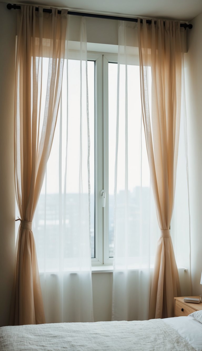 Sheer curtains billow in a small bedroom, allowing soft light to filter through the window, creating a cozy and airy atmosphere