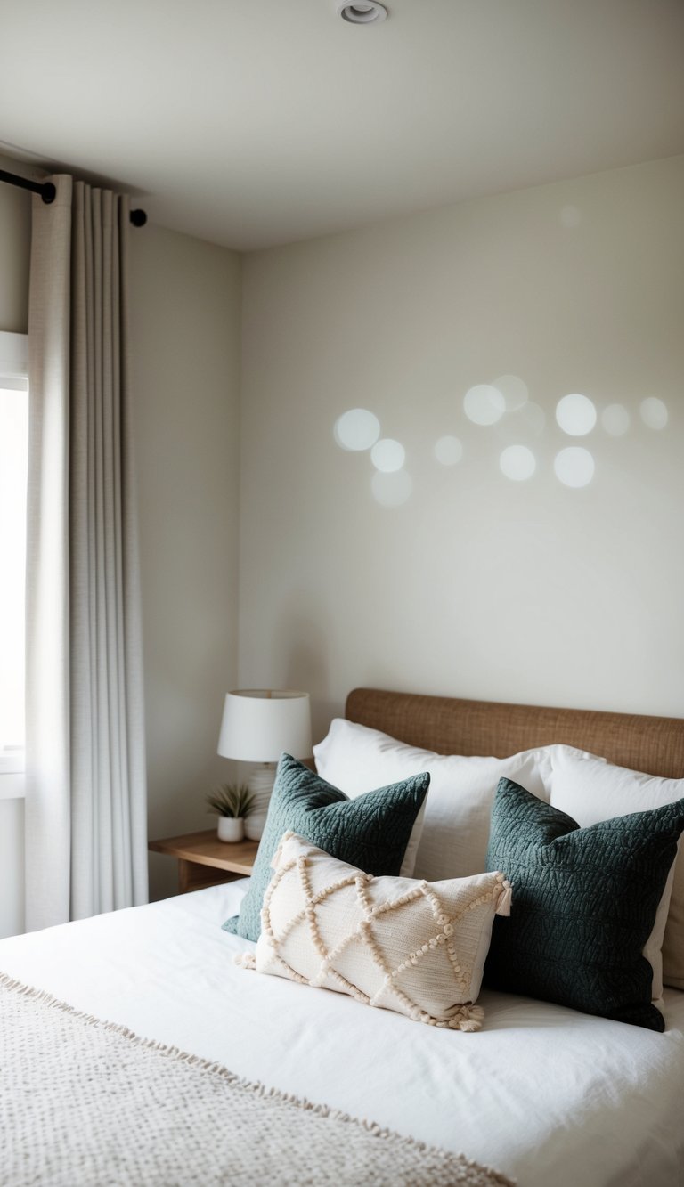 A cozy guest bedroom with a neatly made bed adorned with decorative pillows. Soft lighting and minimalistic decor create a serene atmosphere
