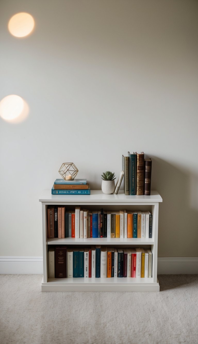 A small bookshelf stands against a wall, filled with books and decorative items. The room is simple and inviting, with a cozy bed and soft lighting