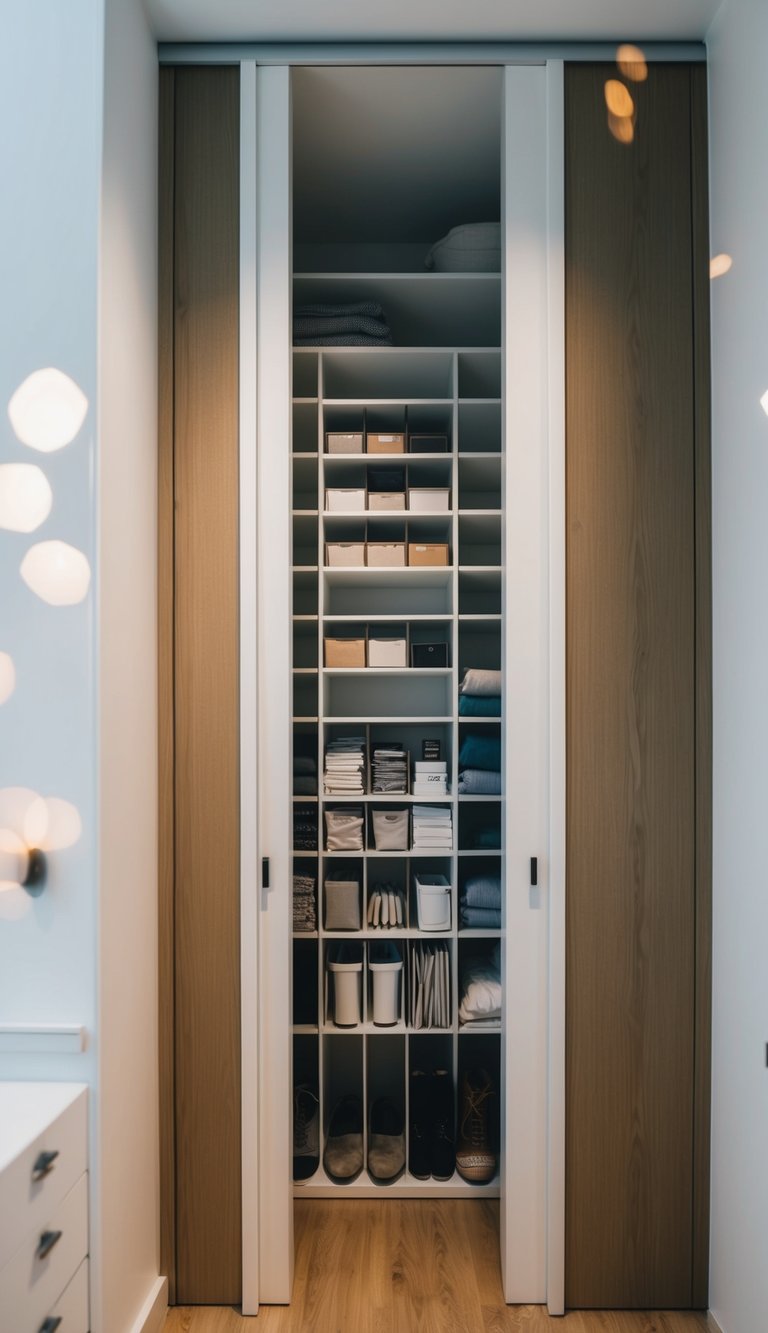A narrow closet with 26 compact storage solutions in a small bedroom