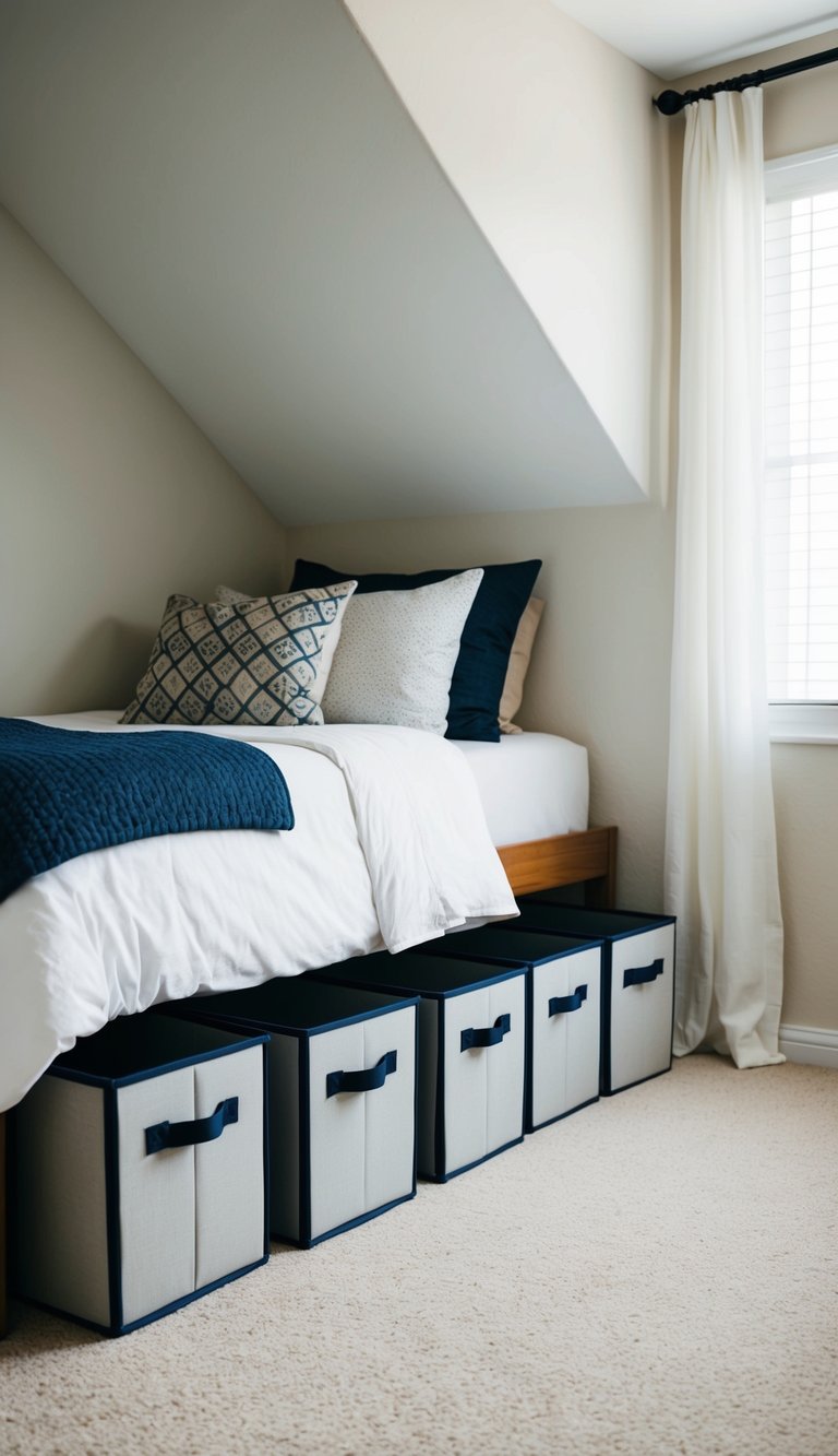 Under-bed storage boxes neatly organized in a small bedroom, maximizing space and creating a clutter-free environment