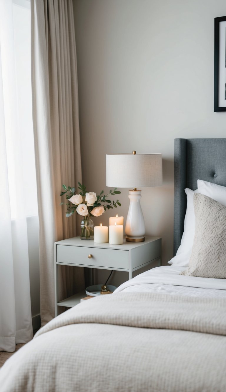 A cozy guest bedroom with scented candles on a nightstand, soft bedding, and minimal decor