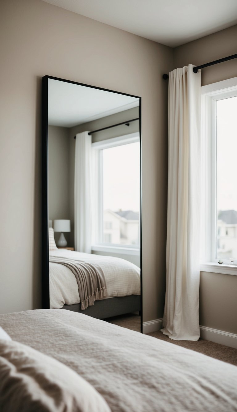 A full-length mirror reflects a cozy guest bedroom with neutral colors, soft bedding, and minimal decor