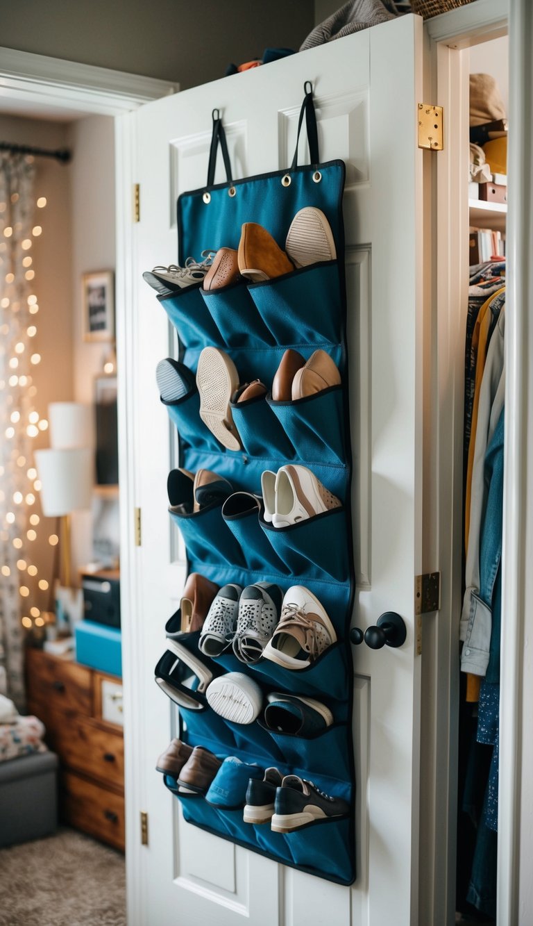 A hanging shoe organizer filled with various items hangs on the back of a bedroom door in a cluttered yet cozy space
