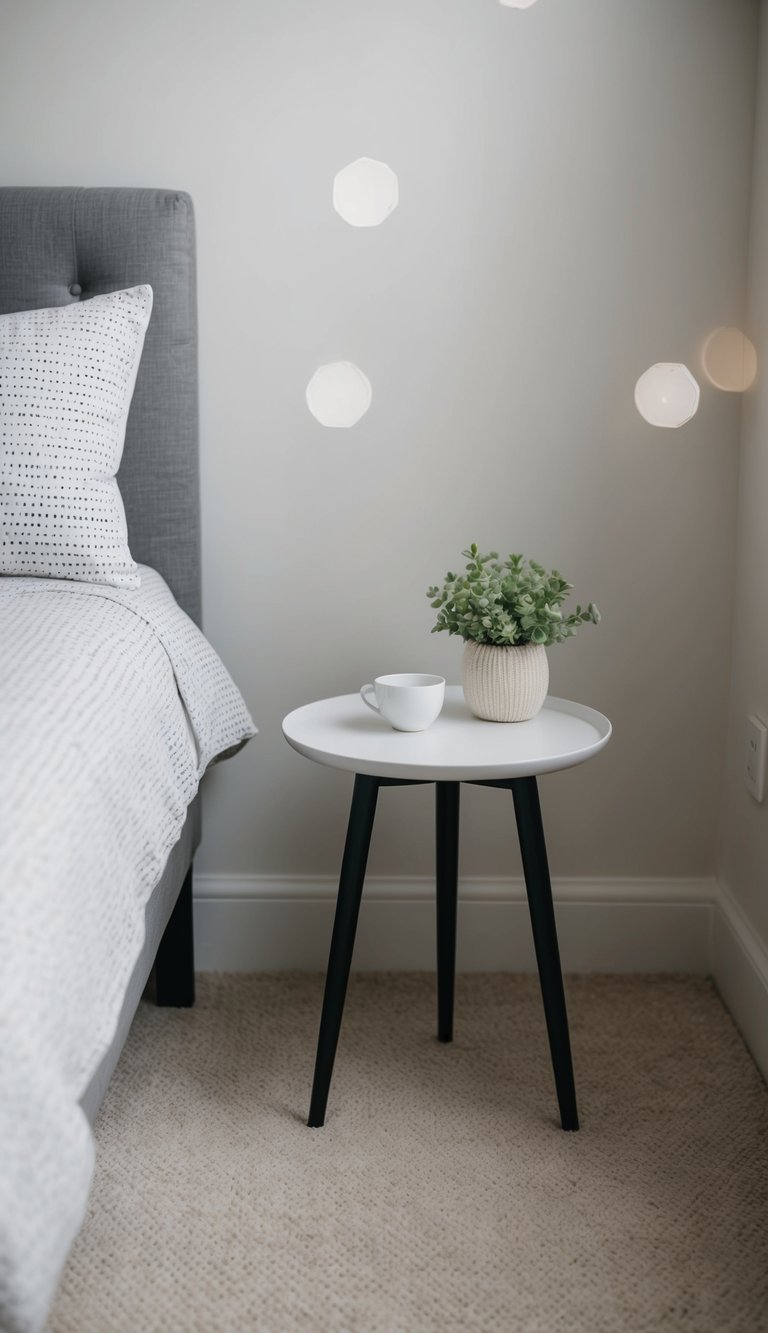A small side table sits beside a cozy bed in a simple guest bedroom