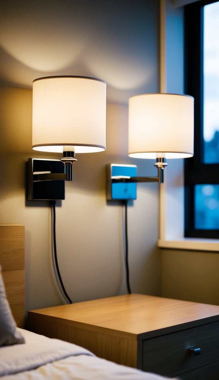 Two sleek, modern bedside lamps mounted on the wall above the nightstands in a cozy, compact bedroom