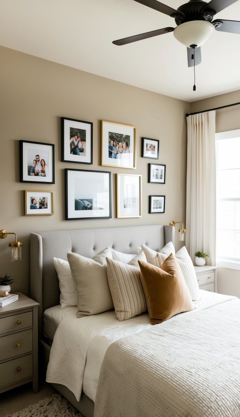 A cozy guest bedroom with a neutral color palette features a wall adorned with an assortment of framed photos and prints