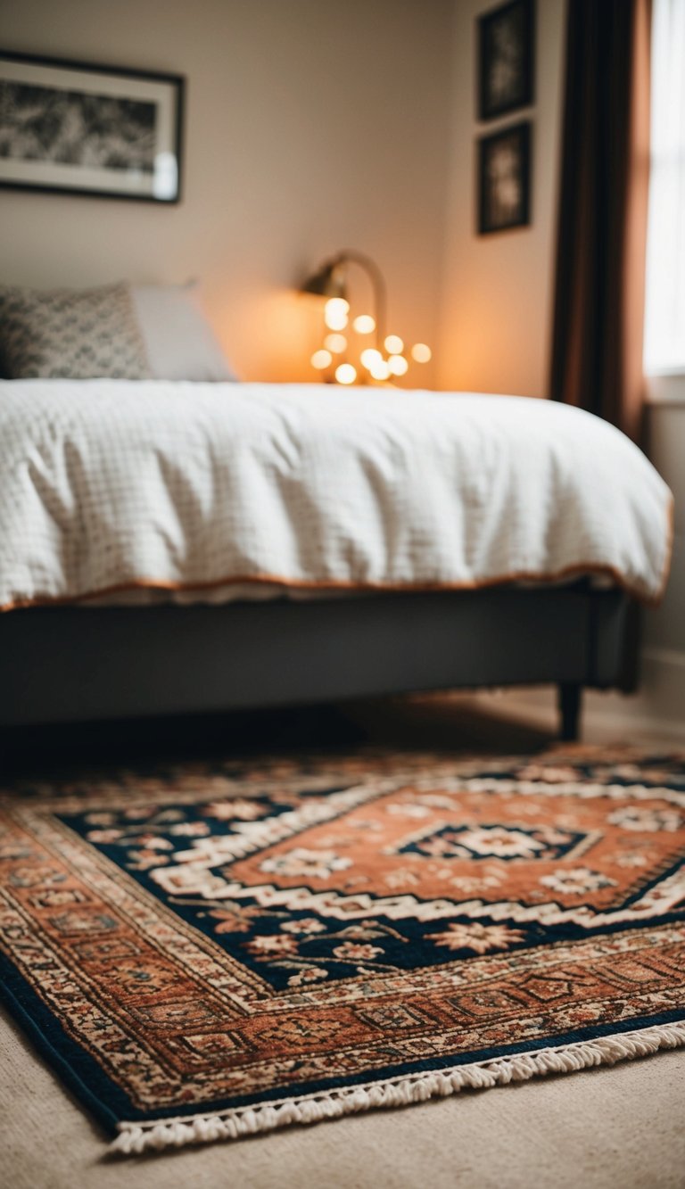 A cozy, patterned area rug lies in the center of a small bedroom, adding warmth and comfort to the space