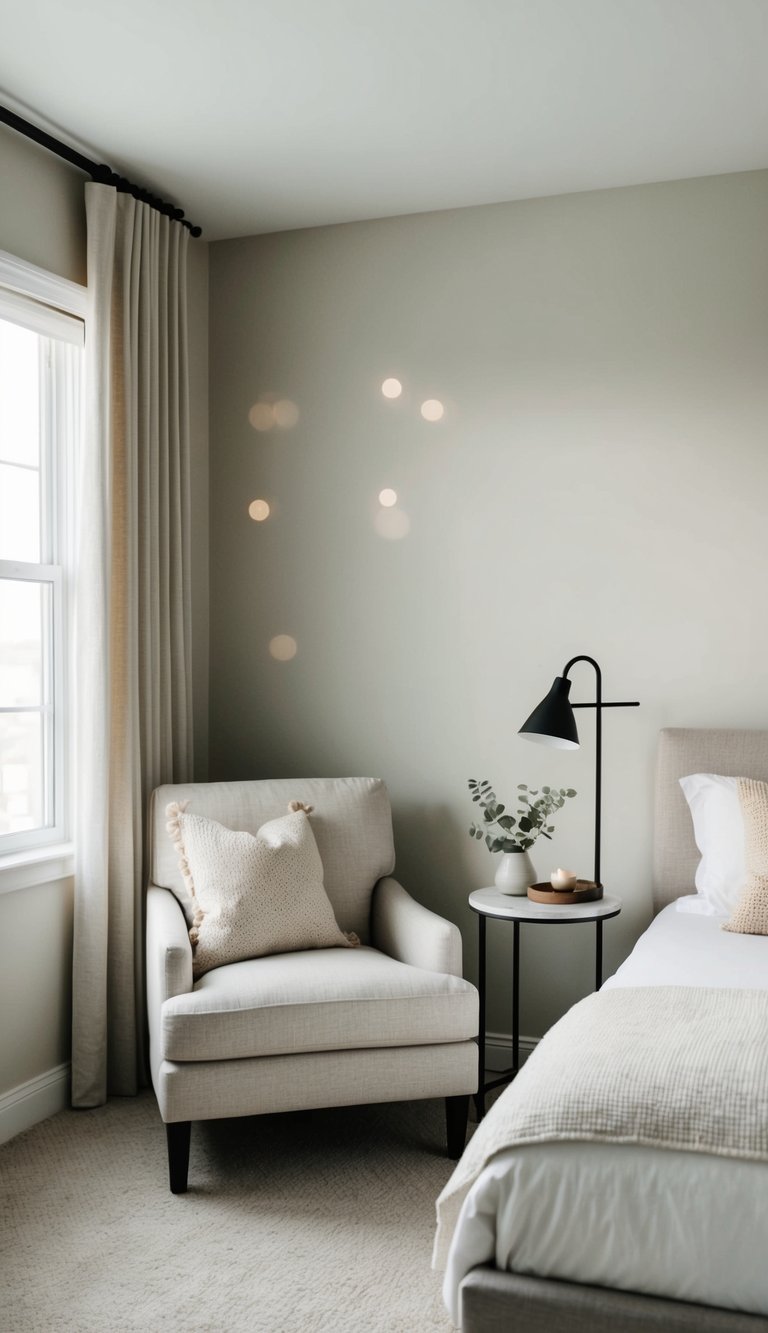 A cozy armchair sits in a simple guest bedroom, with neutral tones and minimal decor creating a peaceful atmosphere