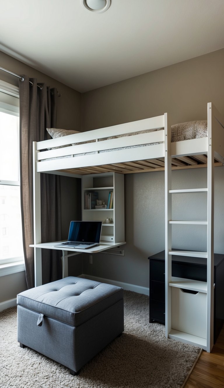 A small bedroom with a loft bed, fold-out desk, and storage ottoman. Multi-functional furniture maximizes space