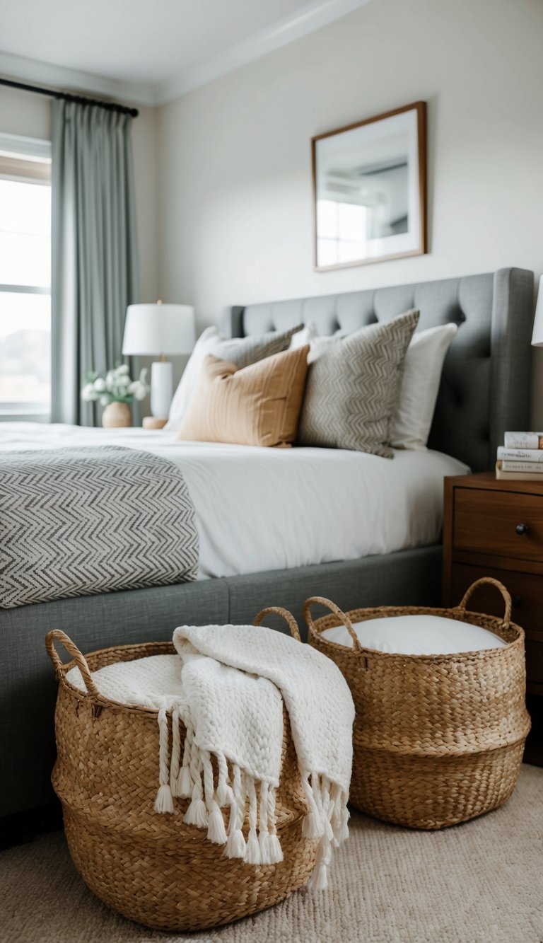 Woven baskets neatly store extra blankets and pillows in a cozy guest bedroom