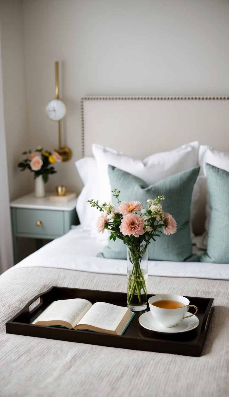 A bedside tray holds a book, a vase of flowers, and a cup of tea in a cozy guest bedroom with a simple, uncluttered design