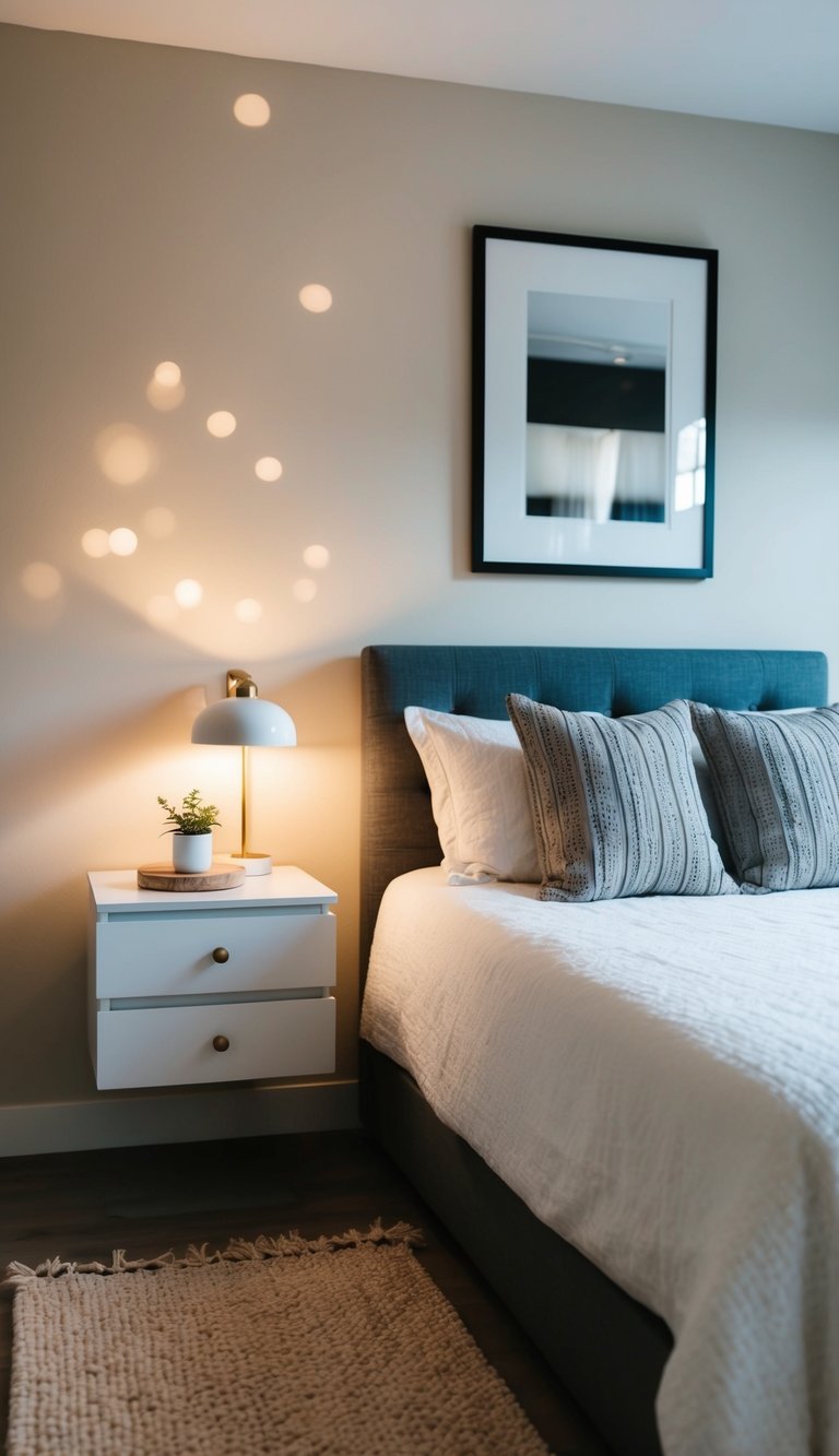 Two floating nightstands flank a bed in a cozy, small bedroom with minimal decor and soft lighting