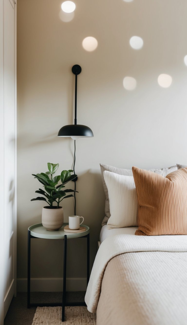 A cozy guest bedroom with a small indoor plant on a bedside table, soft neutral colors, and minimal decor