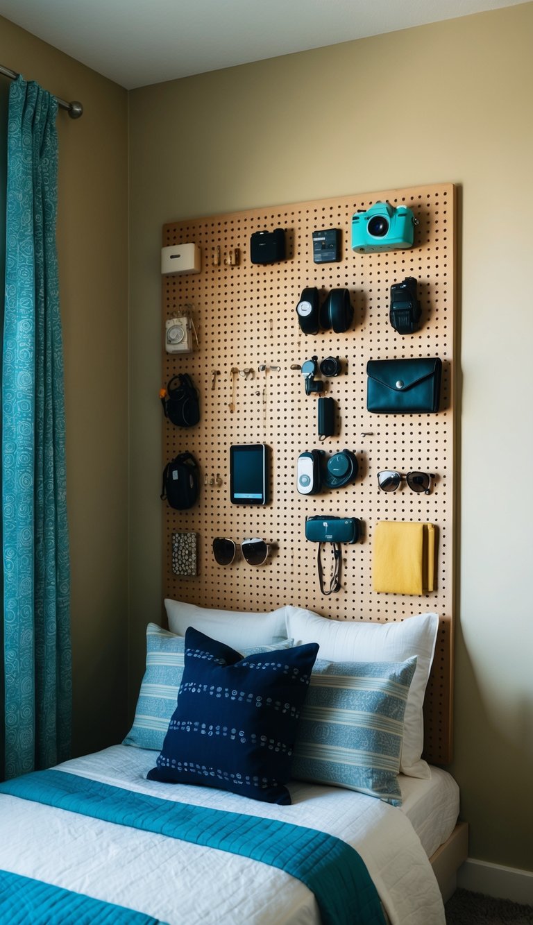 A pegboard wall in a small bedroom displays various accessories neatly organized, maximizing space and adding a touch of creativity to the room