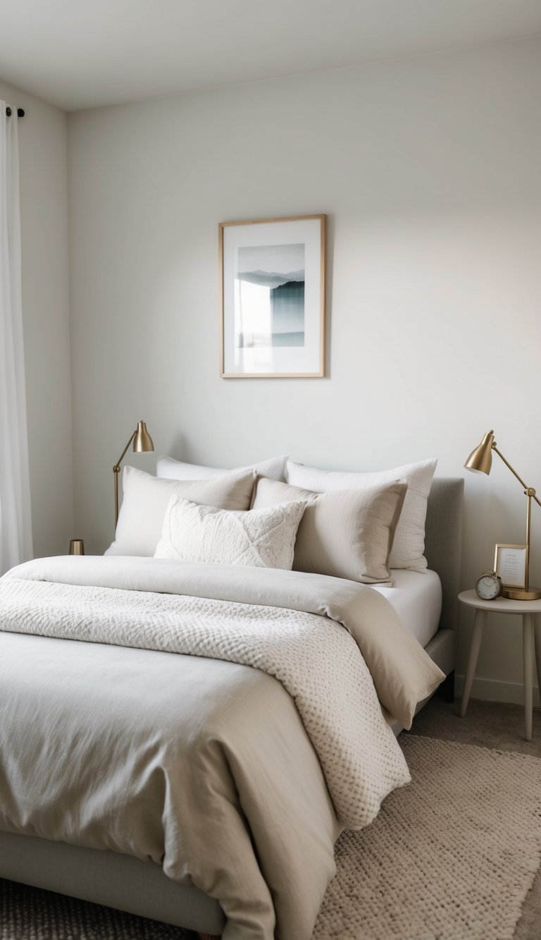 Neutral-colored bedding neatly arranged in a simple guest bedroom with minimal decor and soft lighting