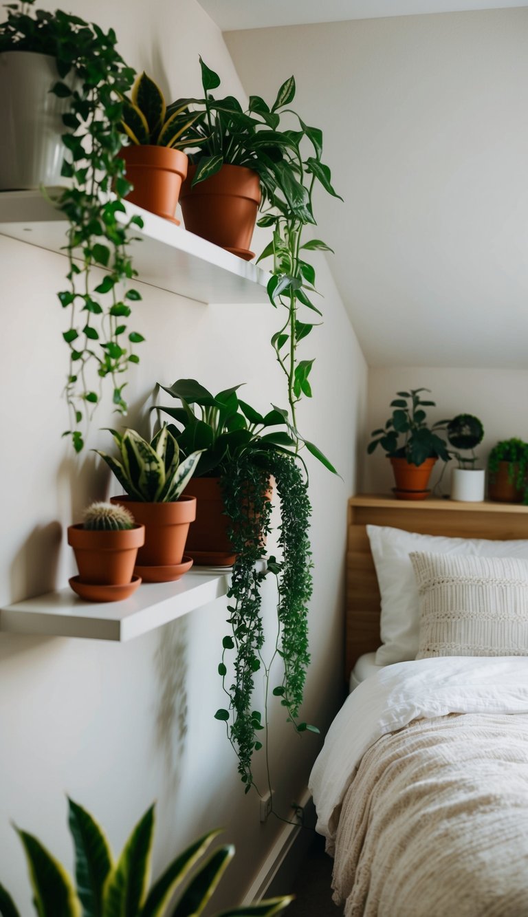 Lush green plants adorn wall shelves in a cozy, compact bedroom