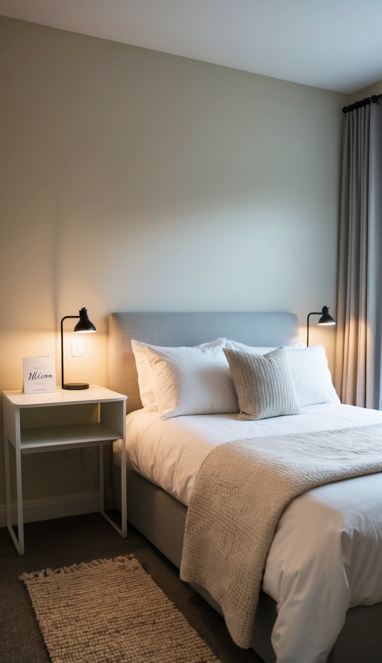 A cozy bedroom with a neatly made bed, soft lighting, and a small desk with a welcome note. Simple decor and neutral colors create a welcoming atmosphere