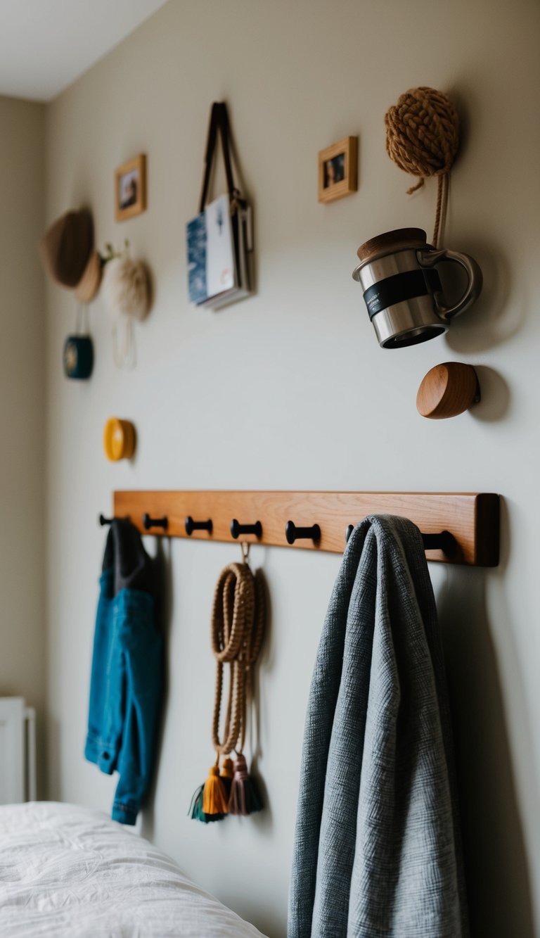 A peg rail mounted on a wall with various small items hanging from it in a cozy bedroom setting