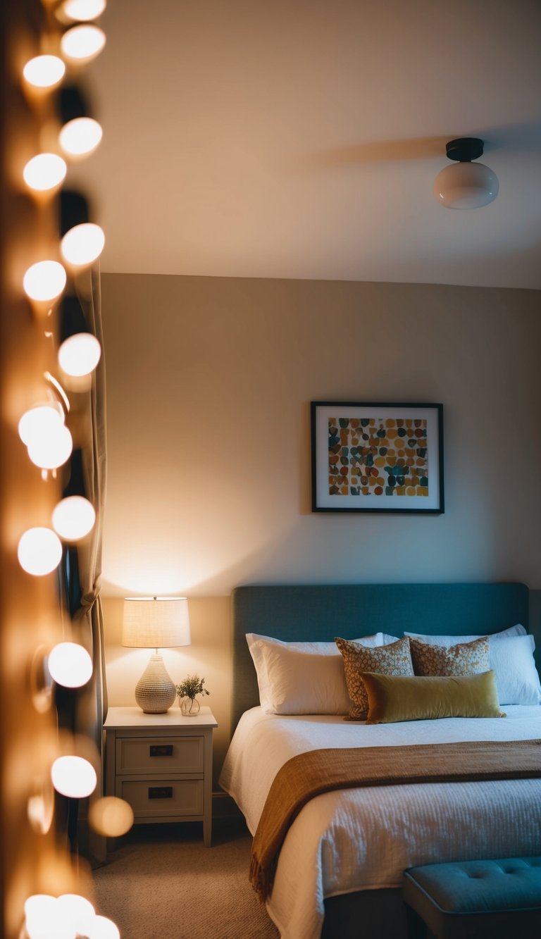 Soft ambient lighting illuminates a cozy guest bedroom with simple decor and furnishings