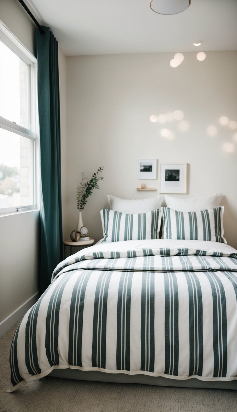 A cozy, small bedroom with vertical striped bedding, a neatly made bed, and minimal decor