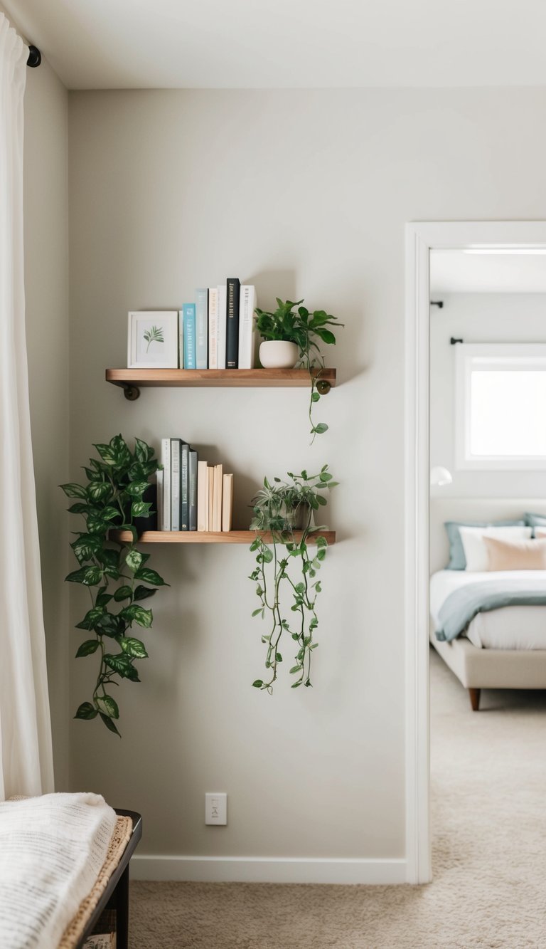 A decorative wall shelf holds books and plants in a simple guest bedroom with neutral colors and soft lighting