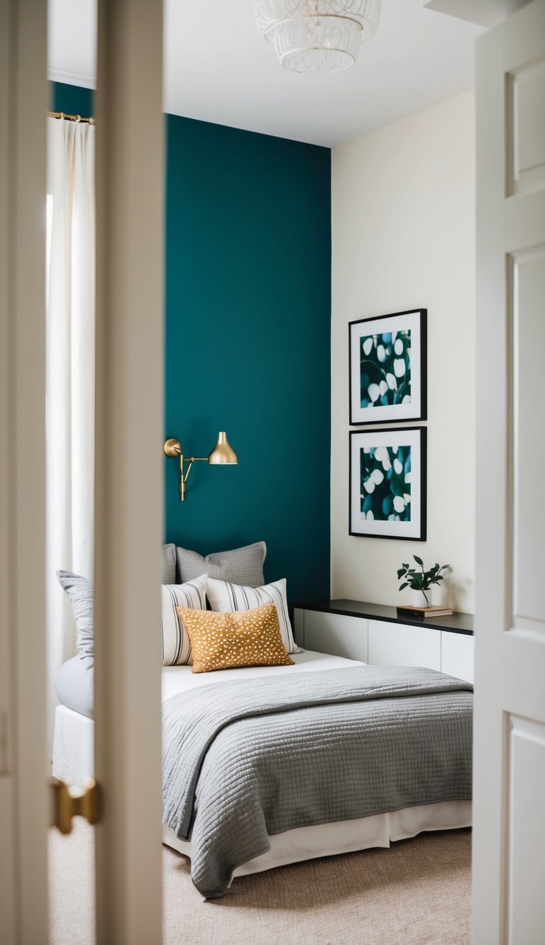 A small bedroom with one wall painted a bold accent color, contrasting with neutral tones