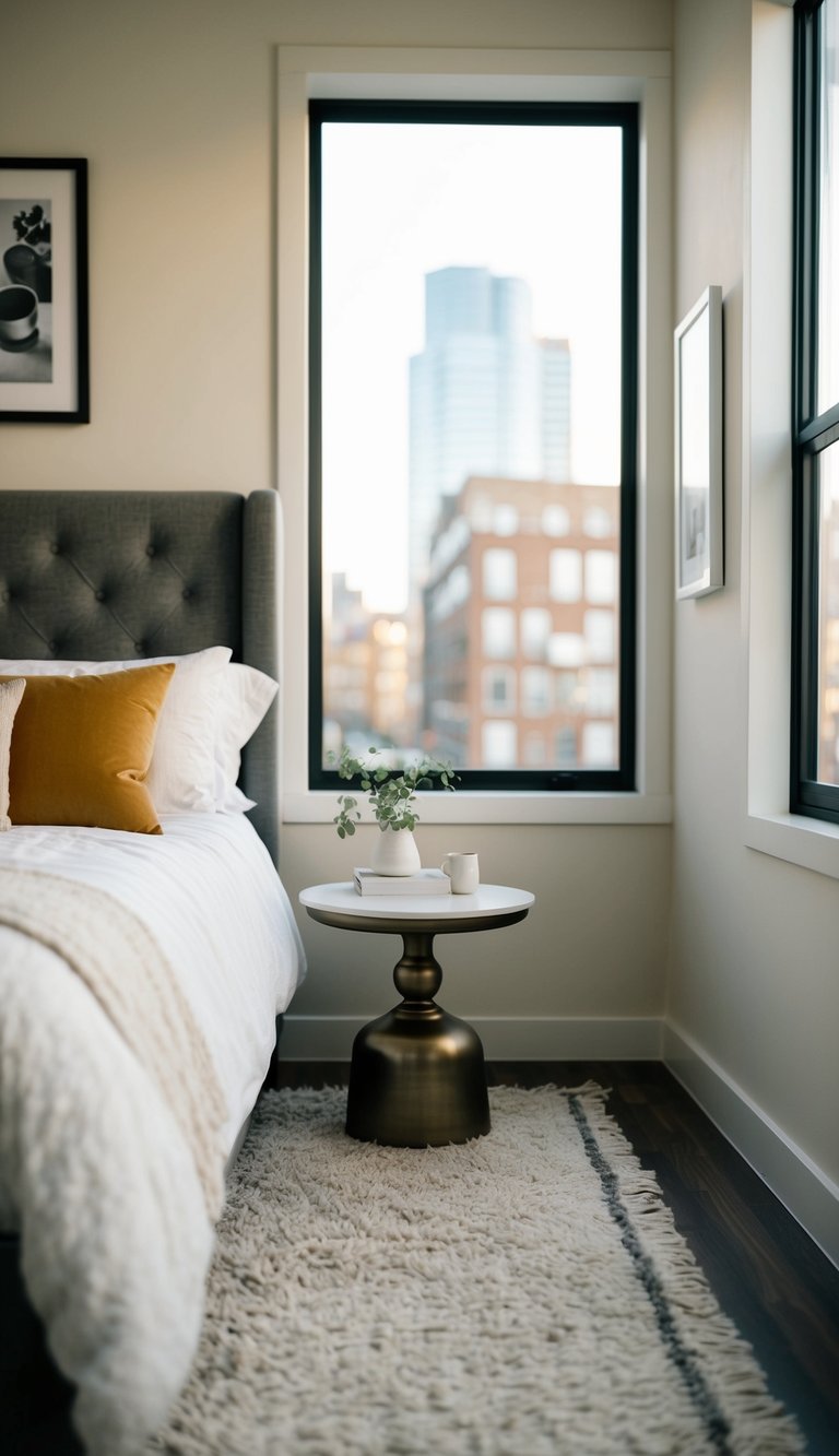 A cozy, clutter-free bedroom with a small round side table, maximizing space and creating a sense of openness