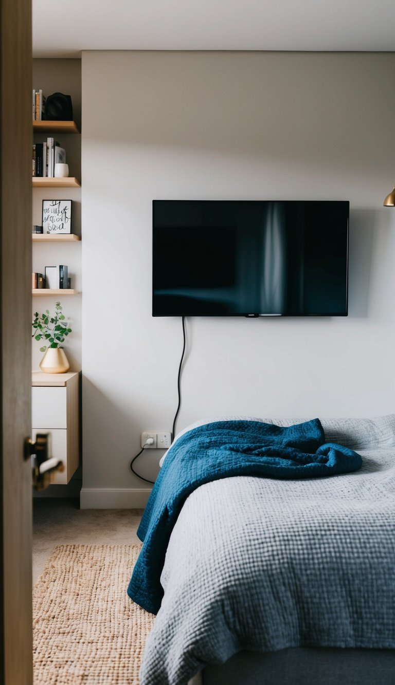 A cozy, clutter-free bedroom with a neatly installed wall-mounted TV and 26 small space-saving ideas